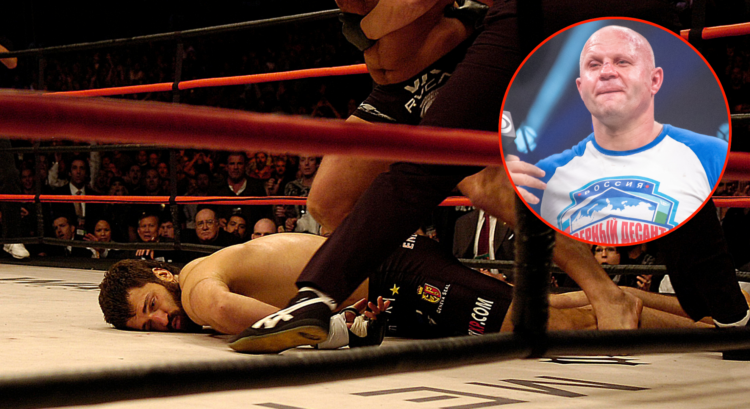 Andrei Arlovski lies out cold after a knockout loss to Fedor Emelianenko, inset Emelianenko after a loss against Ryan Bader in 2023.