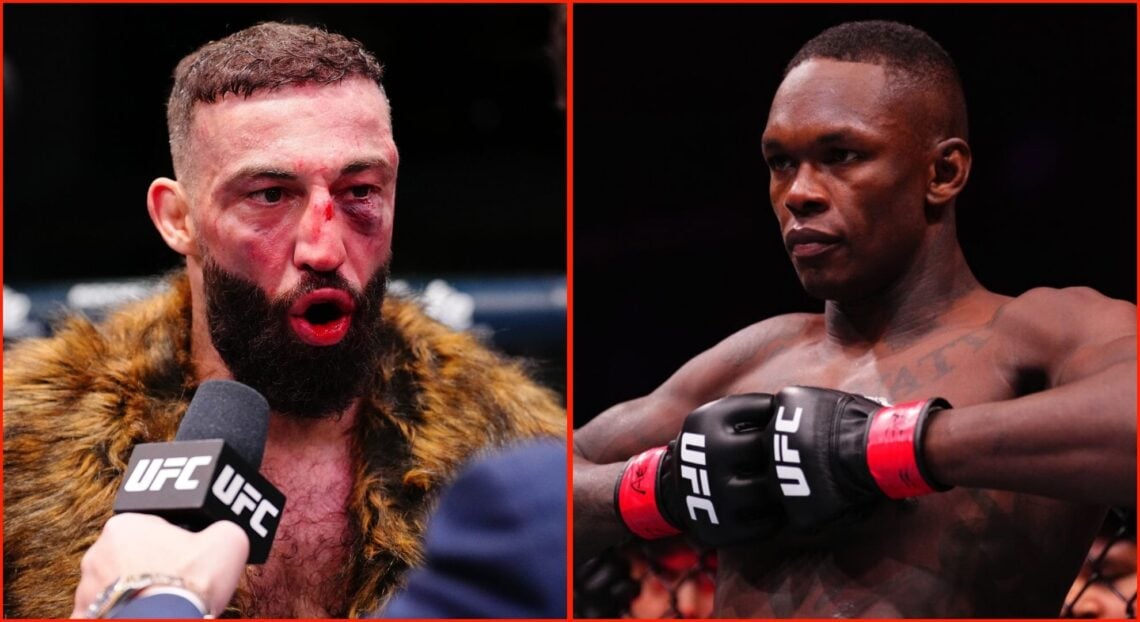 Split image of Roman Dolidze reacting to his UFC Vegas 104 win and Israel Adesanya at UFC Saudi Arabia