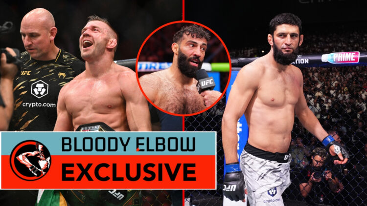 Split image of Roman Dolidze of Georgia reacts after his victory against Kevin Holland in a middleweight fight during the UFC 307 event at Delta Ce...
