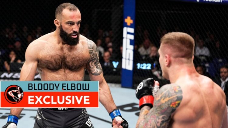 Roman Dolidze of Georgia battles Marvin Vettori of Italy in a middleweight fight during the UFC 286 even. Overlaid, the Bloody Elbow exclusive banner.