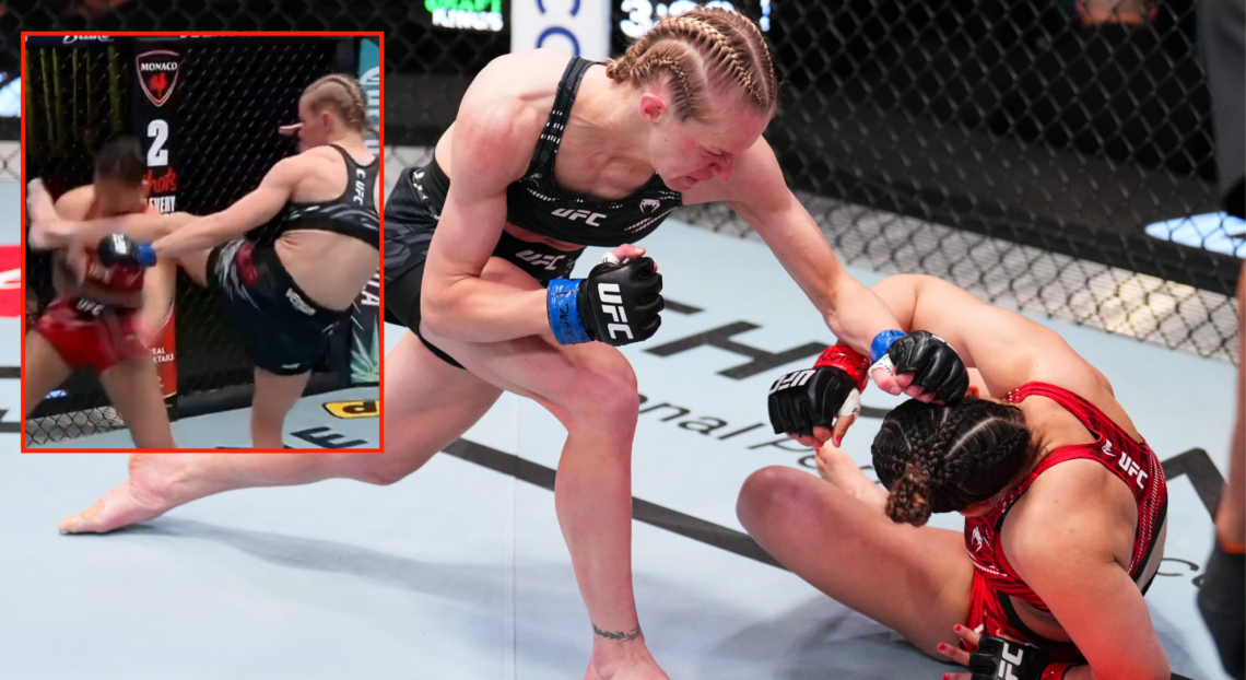 Image of Carli Judice punches Yuneisy Duben at UFC Vegas 104 with an inset of her landing a head kick in the same fight