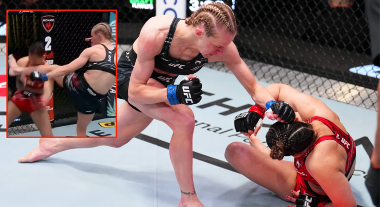 Image of Carli Judice punches Yuneisy Duben at UFC Vegas 104 with an inset of her landing a head kick in the same fight