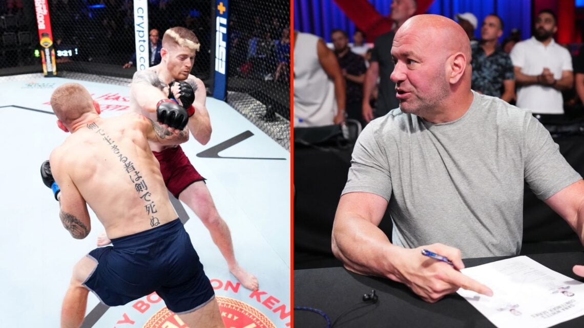Chris Duncan of Scotland punches Charlie Campbell in a lightweight fight during Dana White's Contender Series, and UFC president Dana White reacts ...