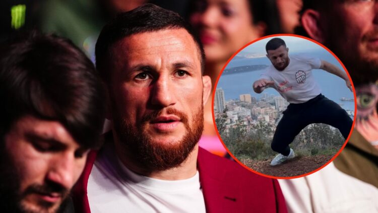 Image of Merab Dvalishvili attends the the UFC 313 event at T-Mobile Arena with a inset of a video on instagram of him falling backwards.