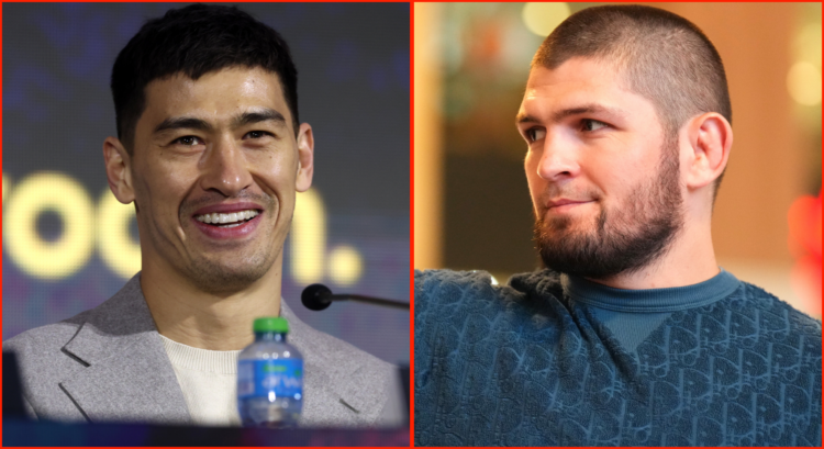 Split image of Dmitry Bivol at a press conference, opposite Khabib Nurmagomedov at UFC 280 open workouts.