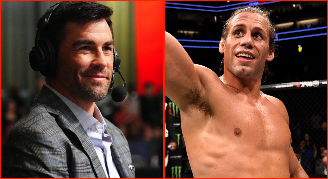 Split image of Dominick Cruz commentating at UFC Vegas 103, opposite Urijah Faber after defeating Brad Pickett.