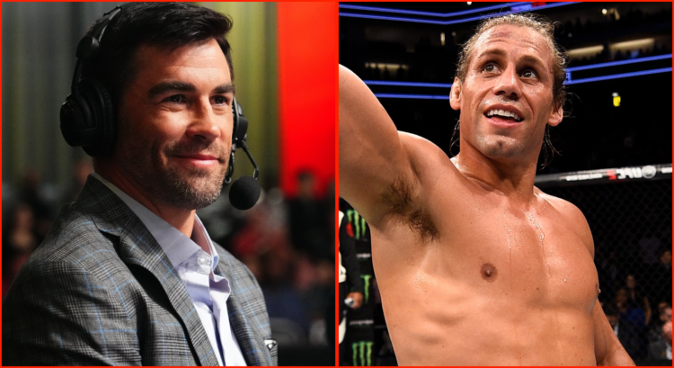 Split image of Dominick Cruz commentating at UFC Vegas 103, opposite Urijah Faber after defeating Brad Pickett.