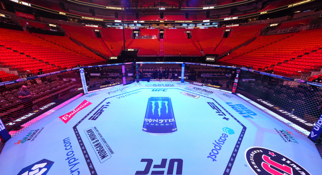 Overhead view of the UFC Octagon before UFC 287 in Miami.