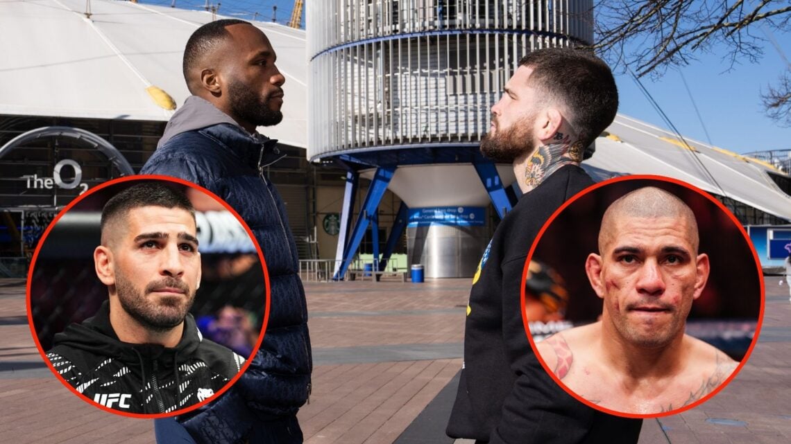 Opponents Leon Edwards and Sean Brady face off outside The O2 Arena. Inset, Alex Pereira and Ilia Topuria.