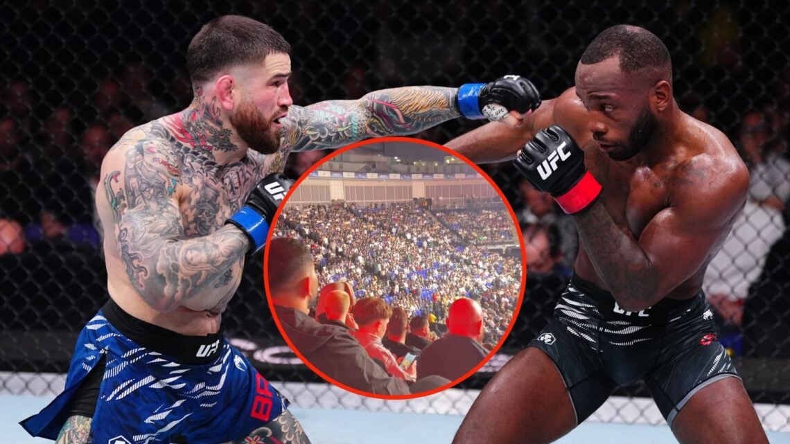 Image of Sean Brady punches Leon Edwards of Jamaica in a welterweight fight during the UFC Fight Night event at The O2 with an inset of people floo...