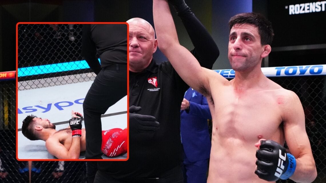 Steve Erceg of Australia celebrates after knocking out Matt Schnell in a flyweight bout. Inset, Steve Erceg of Australia reacts after knocking out ...