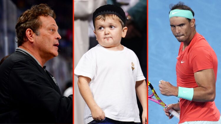 Side by side images of actor Vince Vaughn, internet star Hasbulla, and Tennis player Rafa Nadal.