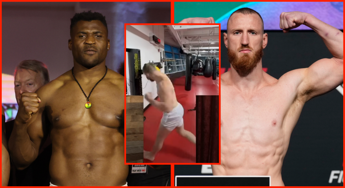 Francis Ngannou weighing in at 272lb (right), Joe Pyfer weighing in at 186lb (right). Pyfer on the punch machine (centrebkkgm