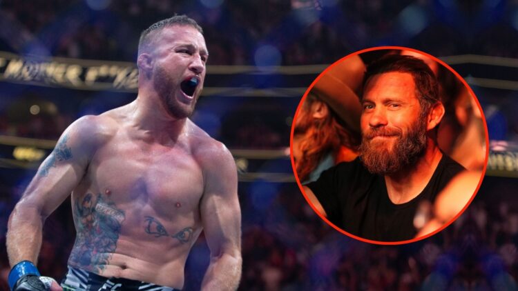Justin Gaethje celebrates beating Dustin Poirier during their BMF Title Lightweight fight. Inset, UFC Hall of Famer Donald Cerrone attends the UFC ...