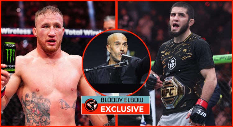 Bloody Elbow exclusive of Justin Gaethje reacts to his win in a lightweight fight during the UFC 313 event at T-Mobile Arena, Islam Makhachev of Ru...