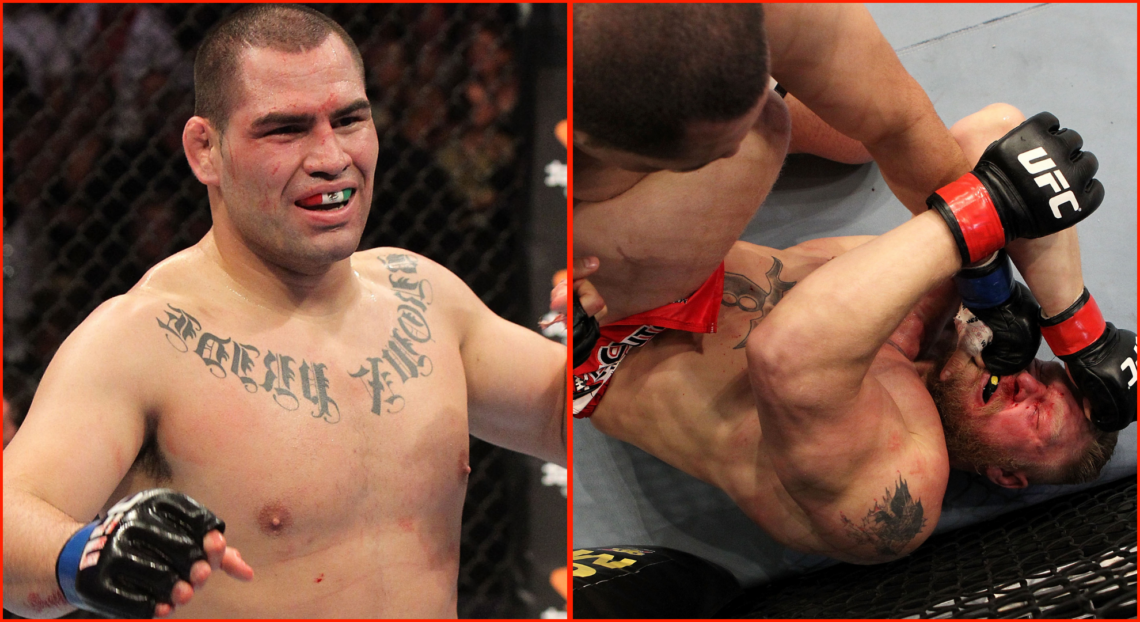 Split image of Cain Velasquez reacting after defeating Brock Lesnar, opposite Velasquez punching Lesnar at UFC 121.