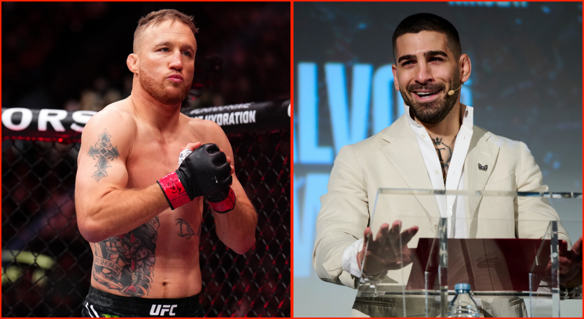 Split image of Justin Gaethje enters the Octagon in a lightweight fight during the UFC 313 event at T-Mobile Arena on March 08, 2025 in Las Vegas, ...