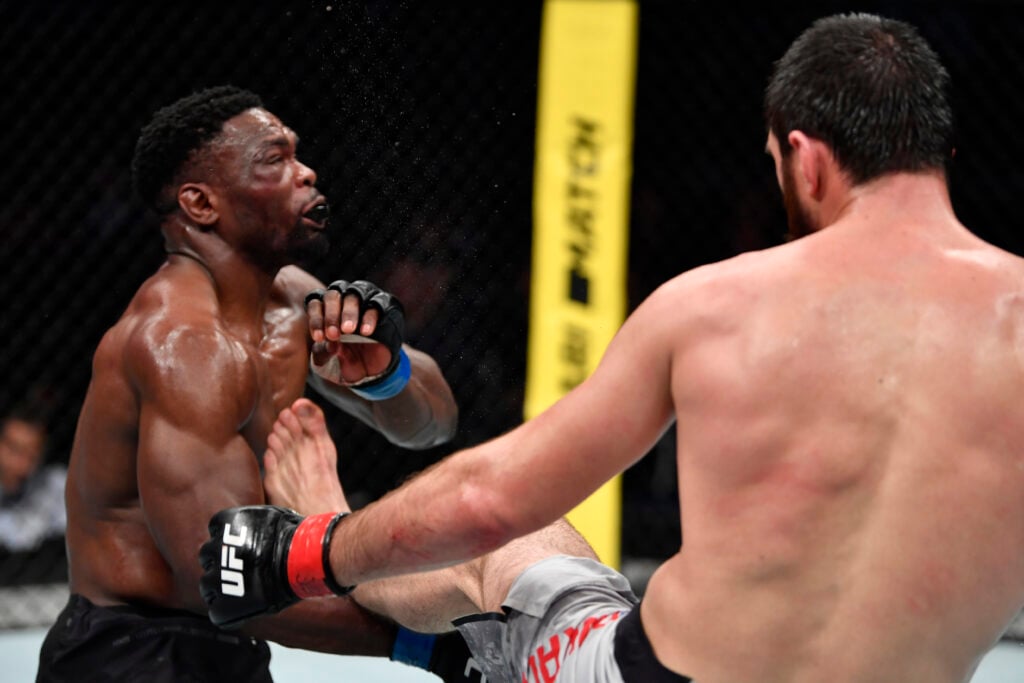 Magomed Ankalaev kicks Dalcha Lungiambula during bout at UFC Fight Night: Magomedsharipov vs. Kattar.