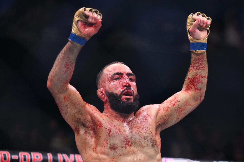 Belal Muhammad celebrates after his fight with Leon Edwards at UFC 304