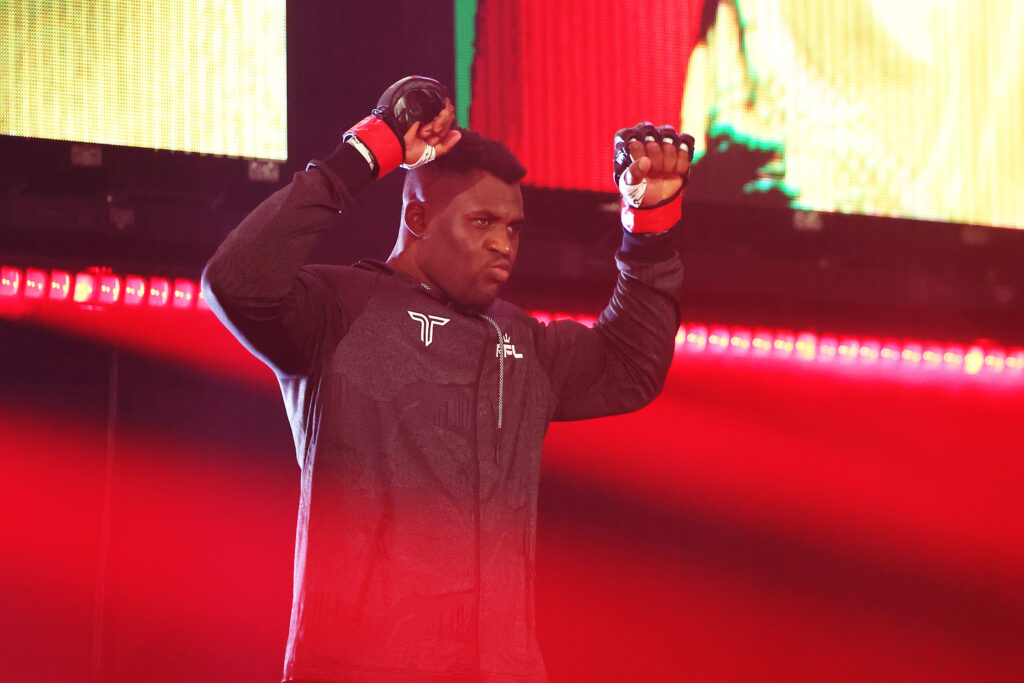 Francis Ngannou walks out ahead of his clash with Renan Ferreira.