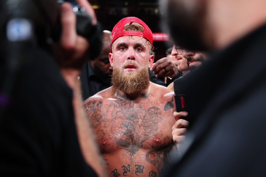 Jake Paul reacts during his post-fight interview after defeating Mike Tyson.