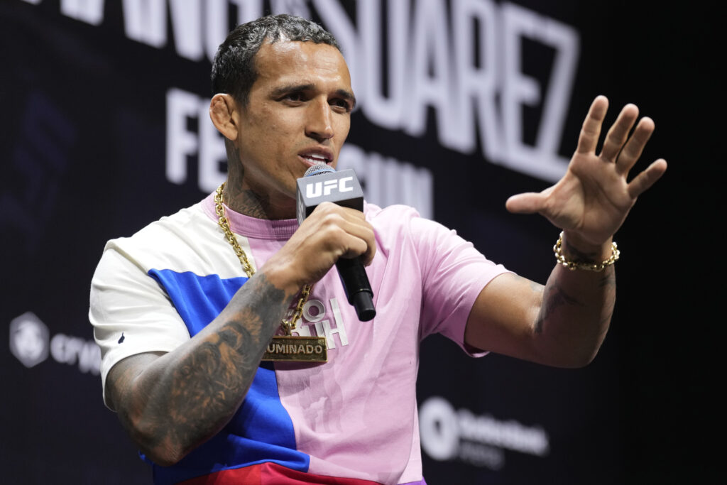 Charles Oliveira speaks during a Q&A session ahead of UFC 312