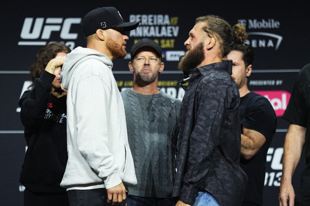 Justin Gaethje and Rafael Fiziev facing off at a press conference