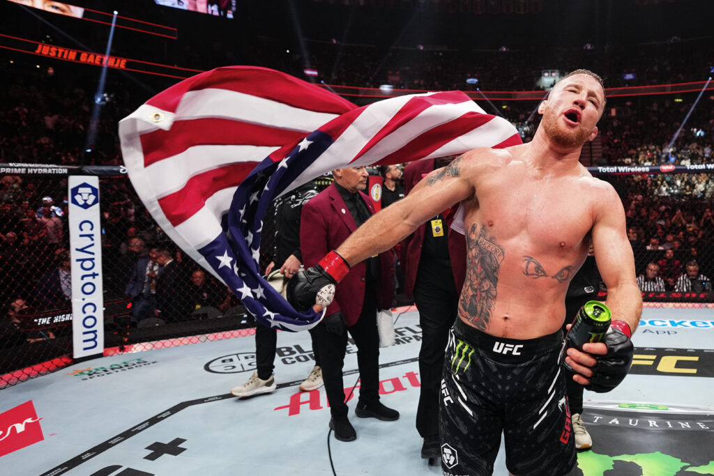 Justin Gaethje reacts after his win at UFC 313.