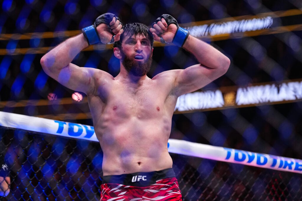 Magomed Ankalaev reacts after beating Alex Pereira at UFC 313