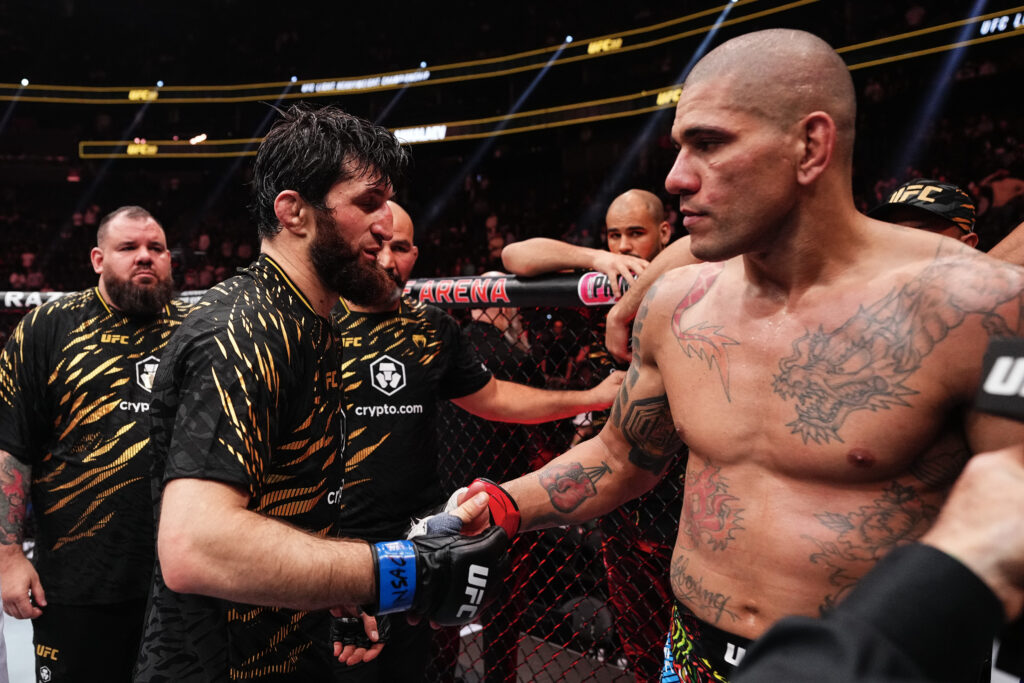 Magomed Ankalaev and Alex Pereira shake hands after UFC 313.