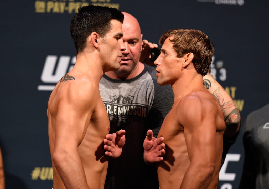 Dominick Cruz and Urijah Faber face off at the UFC 199 ceremonial weigh-in.
