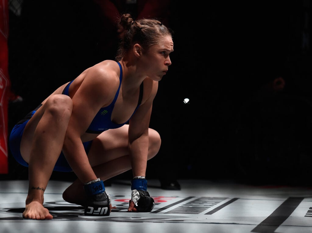 Ronda Rousey stares down Amanda Nunes during her introduction at UFC 207.