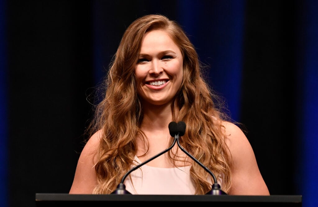 Ronda Rousey speaks at her UFC Hall of Fame induction ceremony.