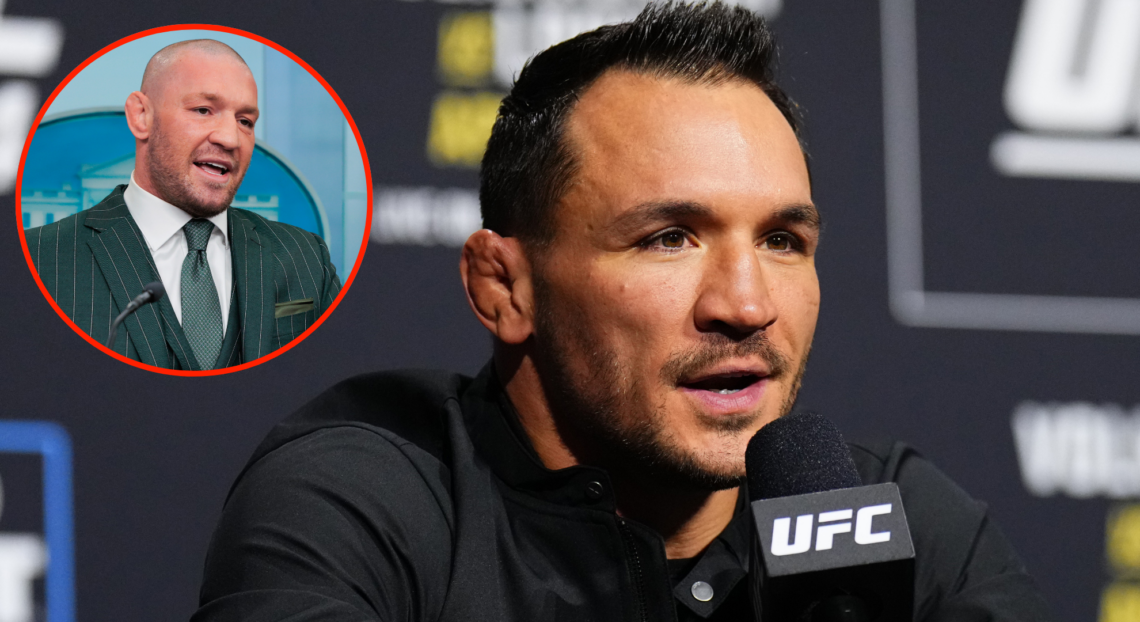 Michael Chandler speaks during the UFC 314 press conference in Las Vegas, inset Conor McGregor speaking at a White House press briefing.