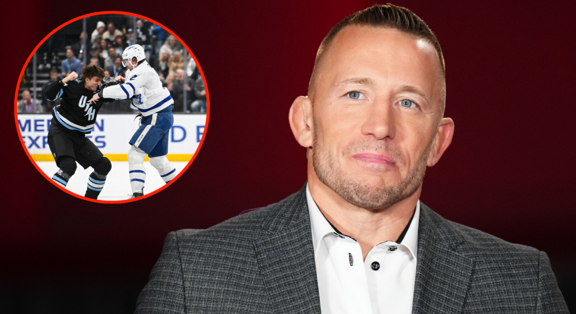 Georges St-Pierre on the UFC Fight Pass Invitational 3 broadcast, inset Simon Benoit and Michael Kesselring fighting during Utah Hockey Club vs. To...