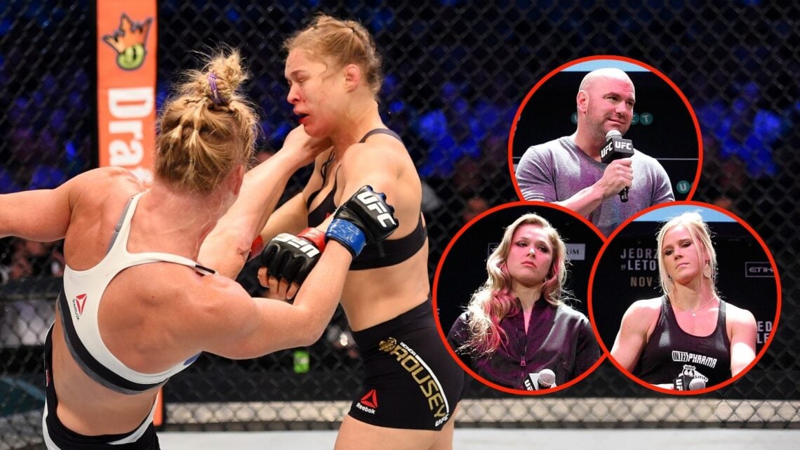 Holly Holm lands a left-high kick against Ronda Rousey in the second round of their UFC women's bantamweight championship. Inset, Ronda Rousey, Dan...
