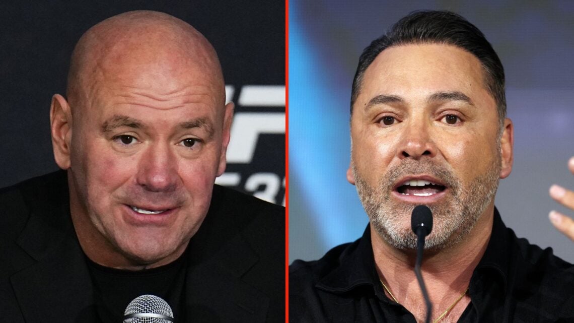 Split image as Promoter Oscar De La Hoya speaks during a press conference as part of Beterbiev v Bivol 2: The Last Crescendo, and UFC CEO Dana Whit...