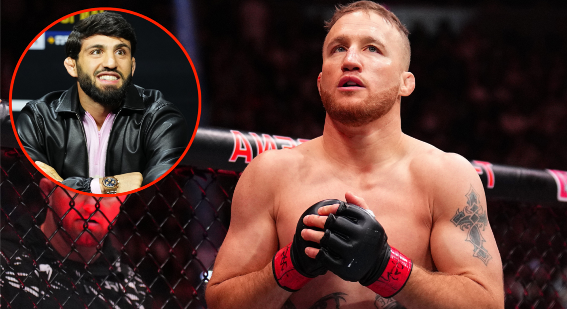 Justin Gaethje prepares for his fight at UFC 313, inset Arman Tsarukyan at the UFC 311 pre-fight press conference.