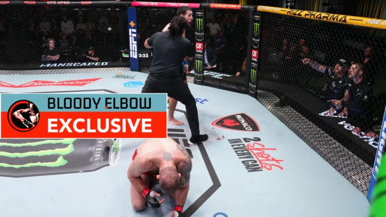 Nassourdine Imavov of Russia argues with the corner of Roman Dolidze after an illegal kick in a middleweight fight during the UFC Fight Night event.