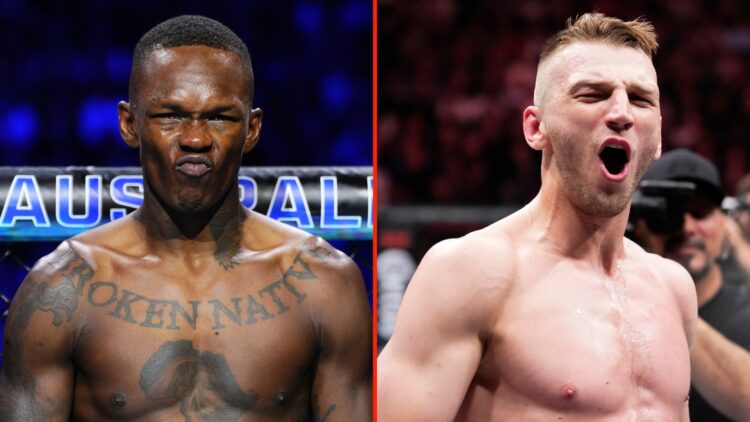 Split image of Adesanya of Nigeria prepares to face Dricus Du Plessis of South Africa in the UFC middleweight championship fight during the UFC 305...
