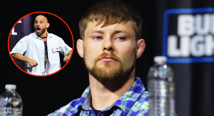 Bryce Mitchell looking upset at UFC 314 press conference, with Jean Silva in a bubble, barking, next to him