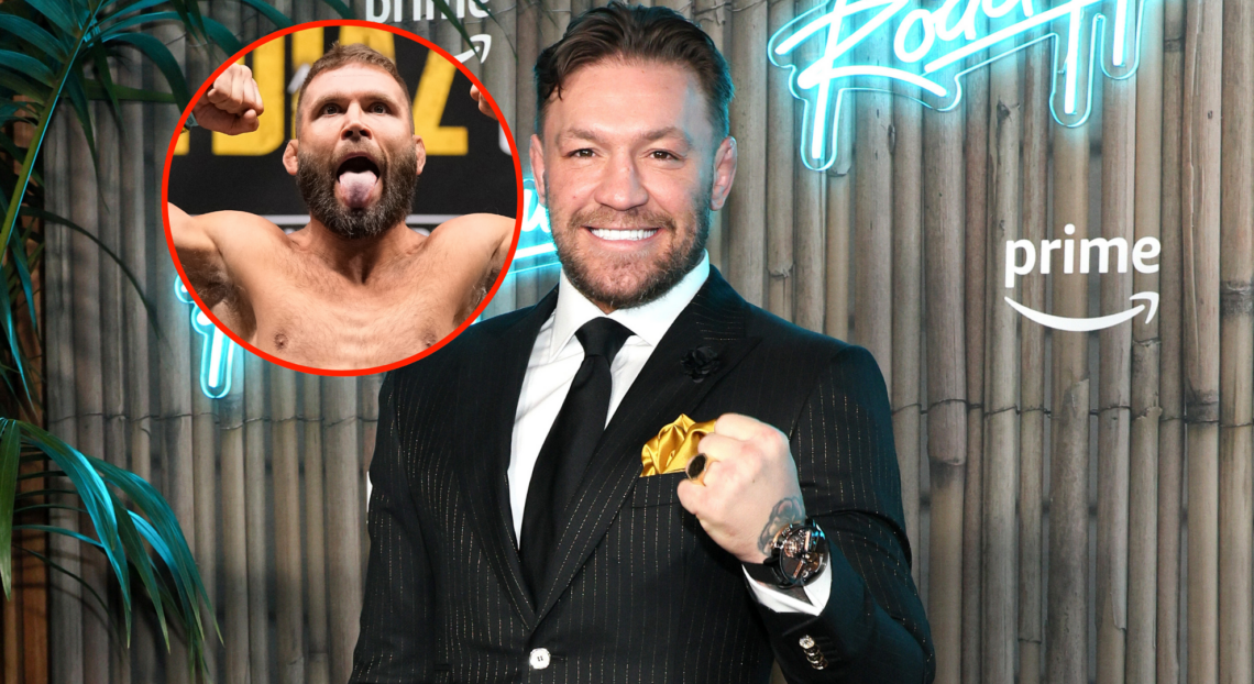 Conor McGregor at the Roadhouse premiere with bubble showing Jeremy Stephens to his left