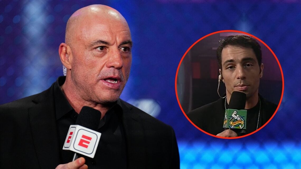 Joe Rogan announces a fight during the UFC 313 event at T-Mobile Arena. Inset, younger Joe Rogan makes his debut.