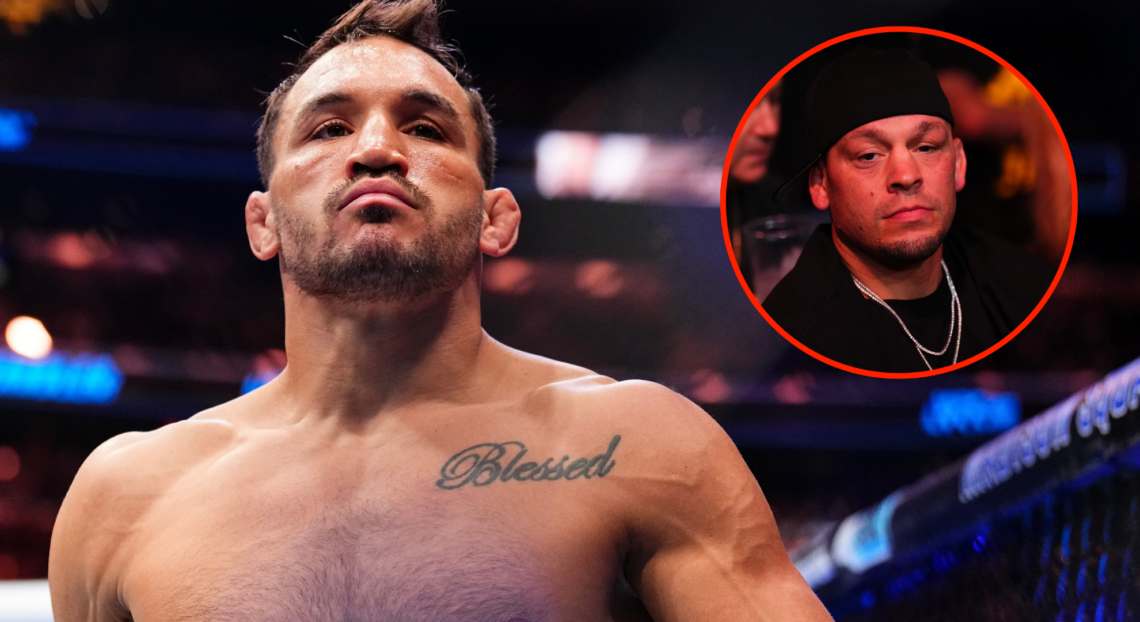 Michael Chandler enters the Octagon at UFC 309, inset Nate Diaz at Noche UFC.