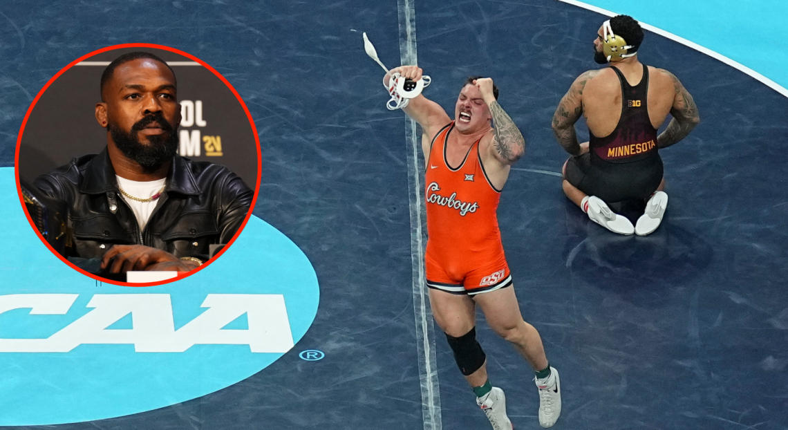 Wyatt Hendrickson reacts after defeating Gable Steveson at the 2025 NCAA Division I Wrestling Championships, inset Jon Jones at the UFC 309 pre-fig...