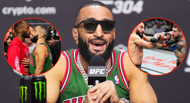 Image of Belal Muhammad speaking at the UFC 304 press conference, inset Muhammad and Leon Edwards facing off, and Muhammad punching Sean Brady at U...