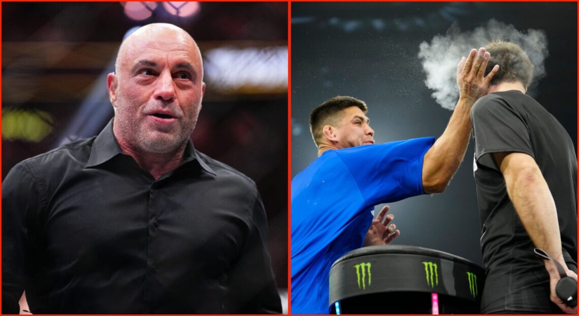 Split image of Joe Rogan at UFC 300 and Wesley Drain slapping John Davis at Power Slap 2