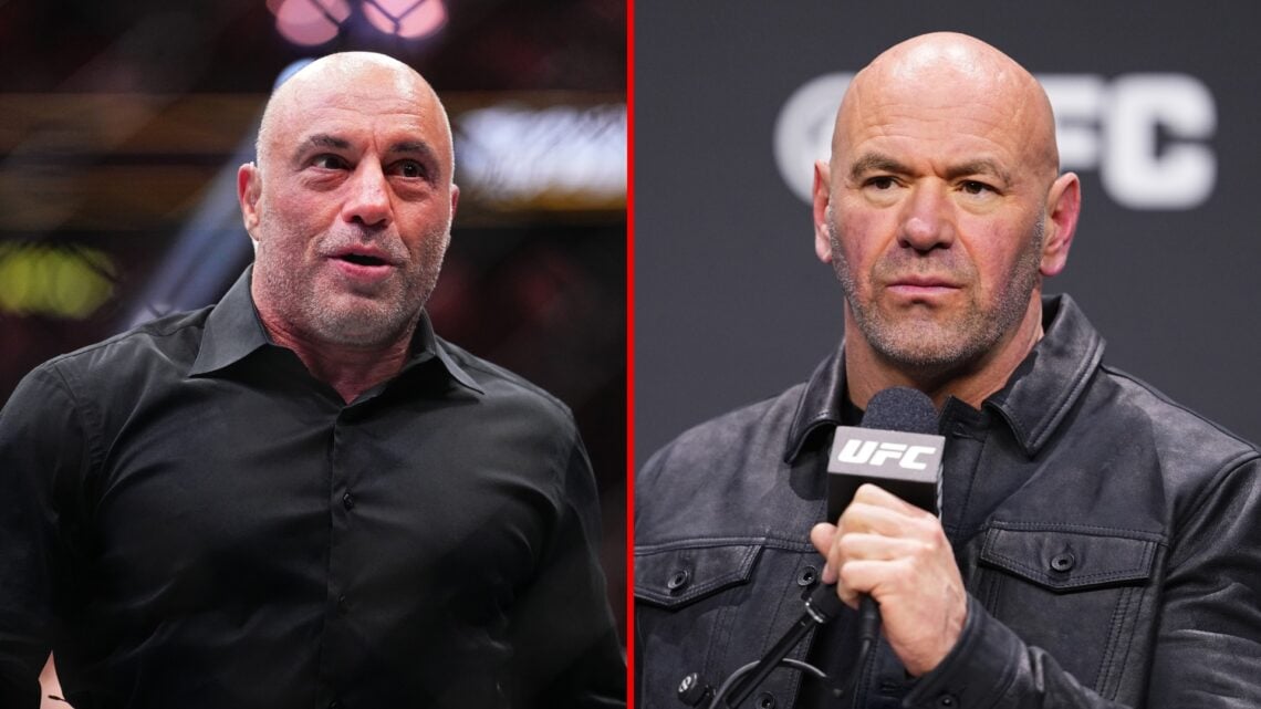Split image of Joe Rogan entering the Octagon in the BMF championship fight during the UFC 300 event and UFC CEO Dana White is seen on stage during...