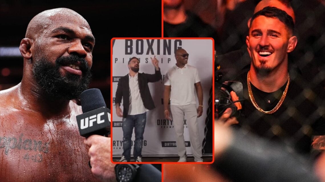 Image of Jon Jones after defeating Stipe Miocic at UFC 309 and Tom Aspinall watching UFC 309, insert Jon Jones at Dirty Boxing Championship 1.