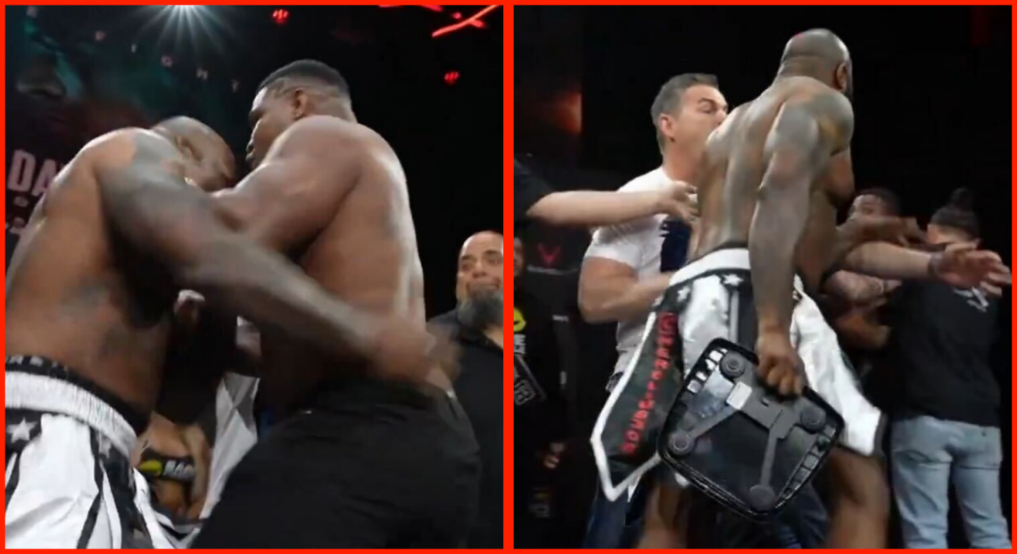 Split image of Leonardo Perdomo (left) punching Steve Herelius at the BKFC Fight NightL Hollywood ceremonial weigh-in, opposite Herelius holding a ...